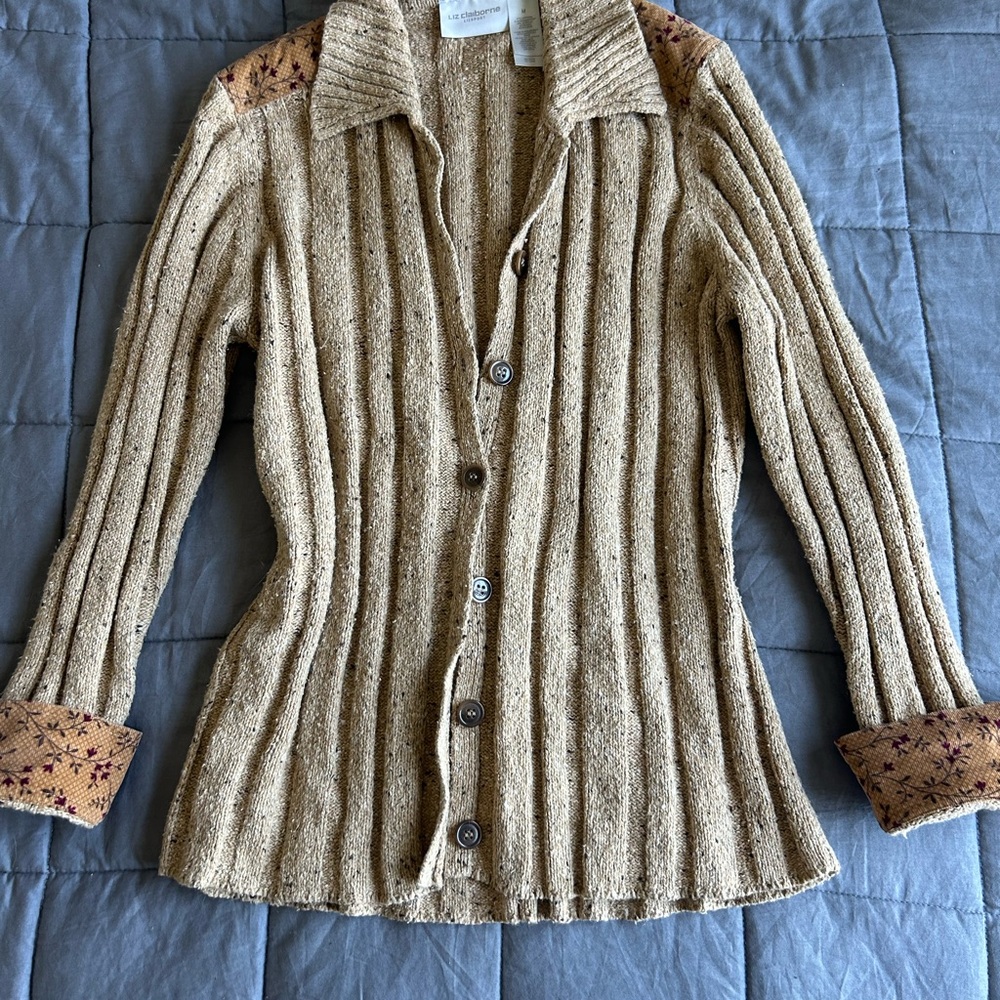 Beige Button-Up Cardigan with Patterned Accents